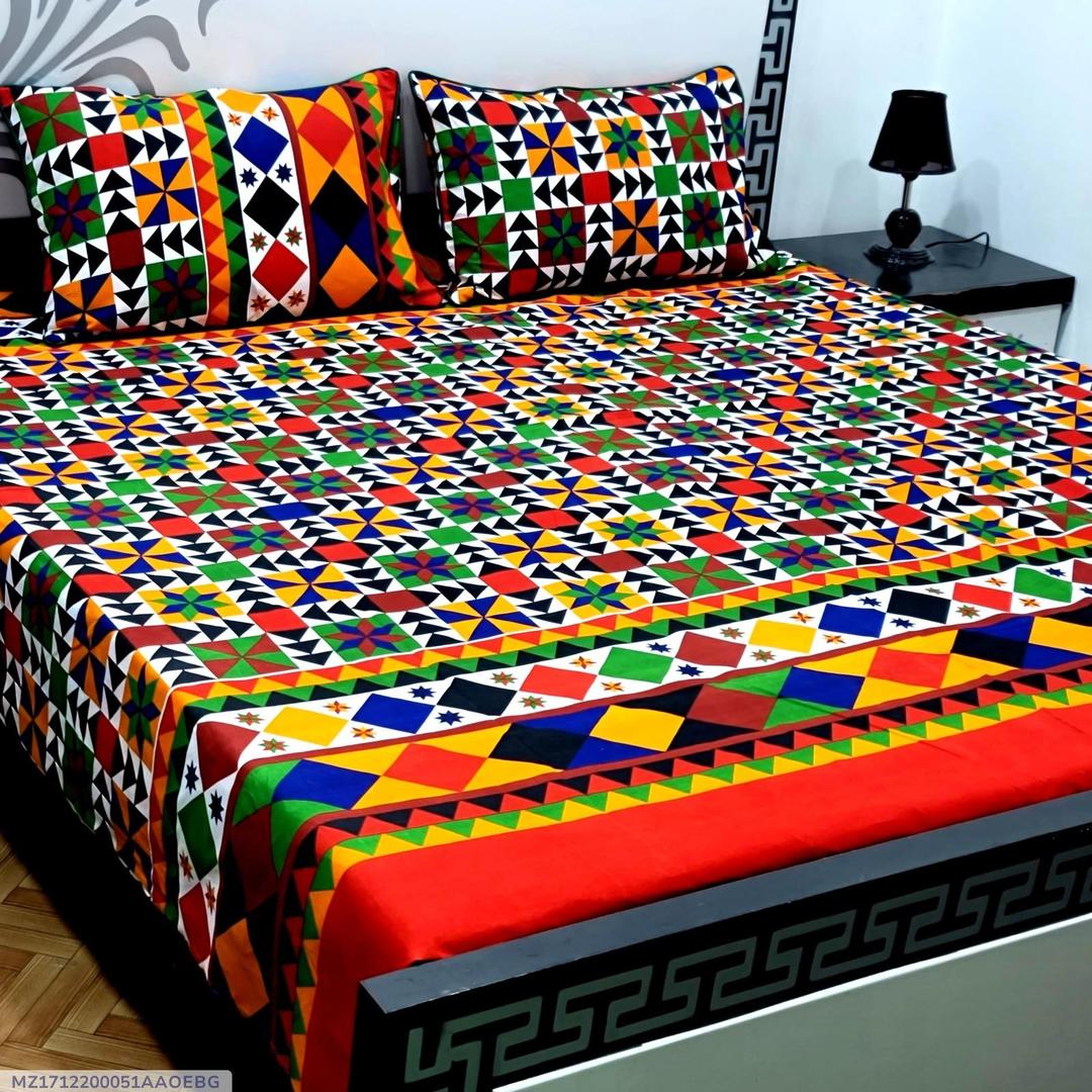 Crystal Cotton Double Bedsheet Set Multicolor Geometric Print