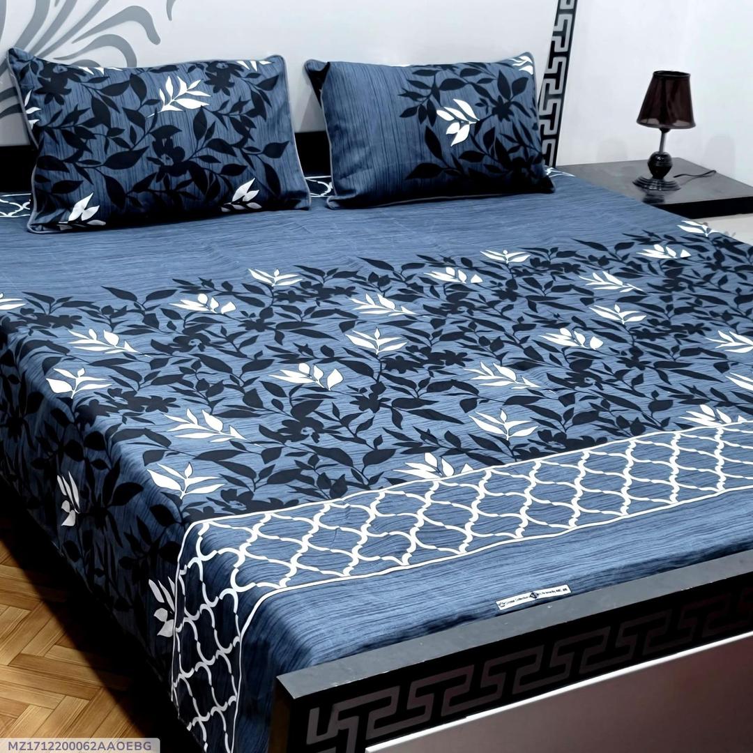 Crystal Cotton Printed Double Bedsheet Set Blue Leaf Pattern