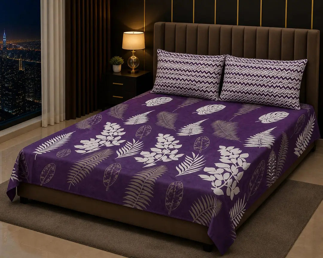 Stylish 3 Pcs Cotton Salonica Printed Double Bedsheet