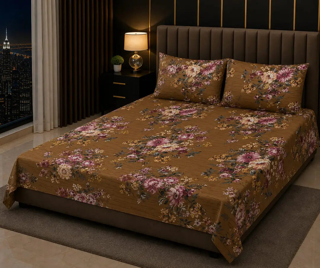 Stylish 3 Pcs Cotton Salonica Printed Double Bedsheet