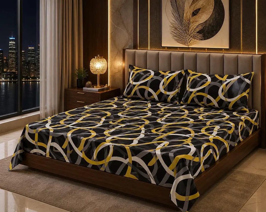 Stylish 3 Pcs Cotton Salonica Printed Double Bedsheet