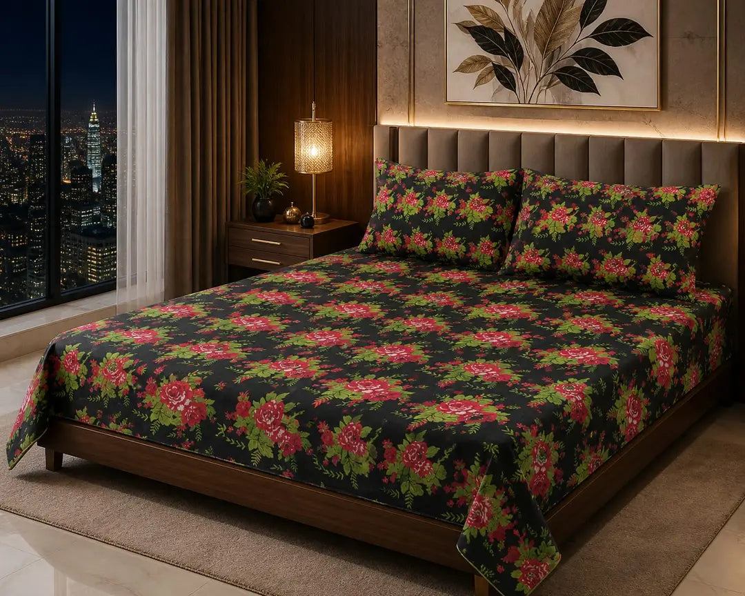 Stylish 3 Pcs Cotton Salonica Printed Double Bedsheet