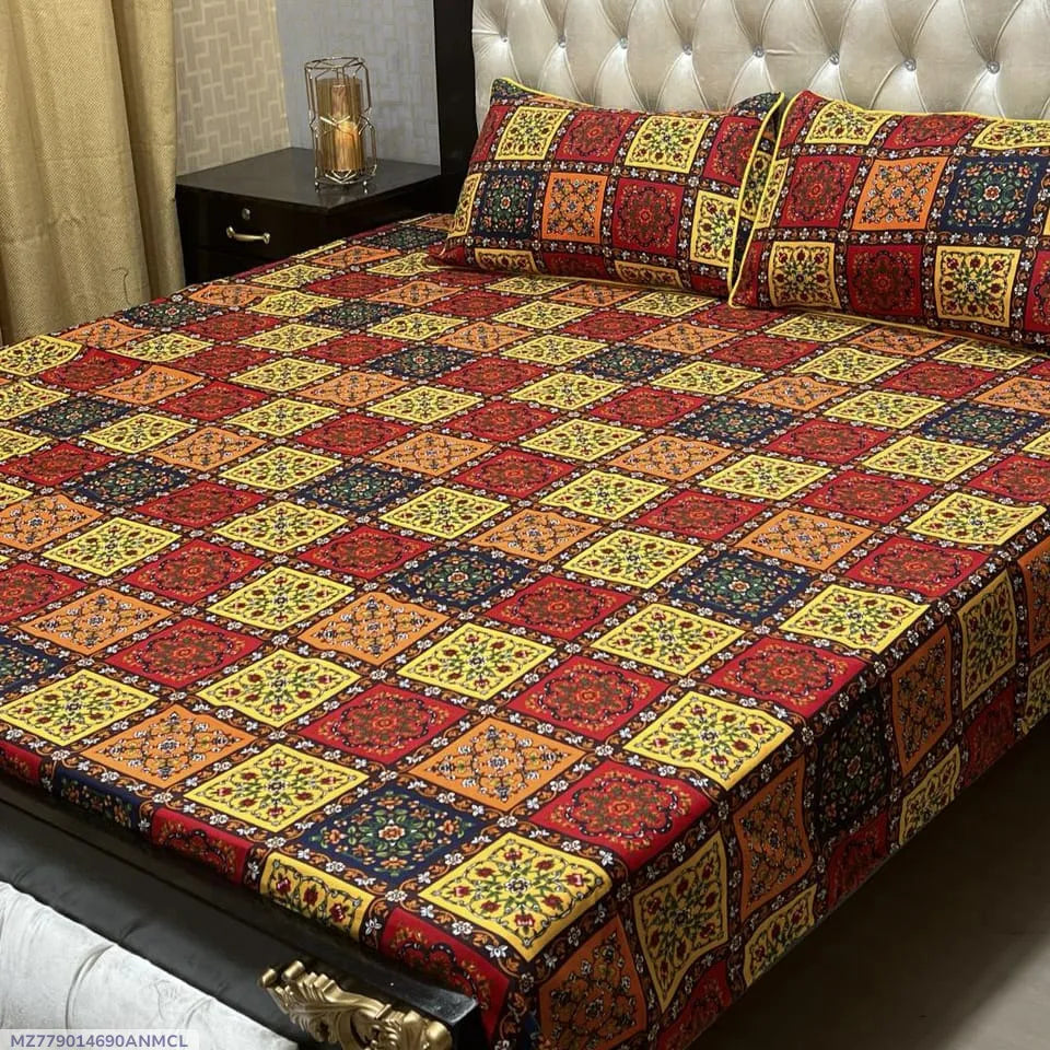 3 Pcs Crystal Cotton Printed Double Bedsheet