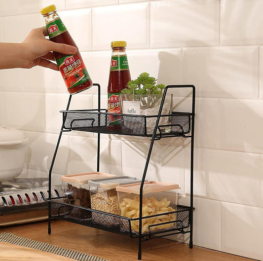 Two-Tiered Stainless Steel Spices Rack Black Kitchen Storage