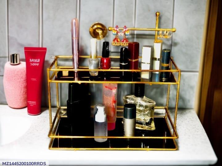 Double Layer Metal Makeup Organizer with Safety Fence Black Base