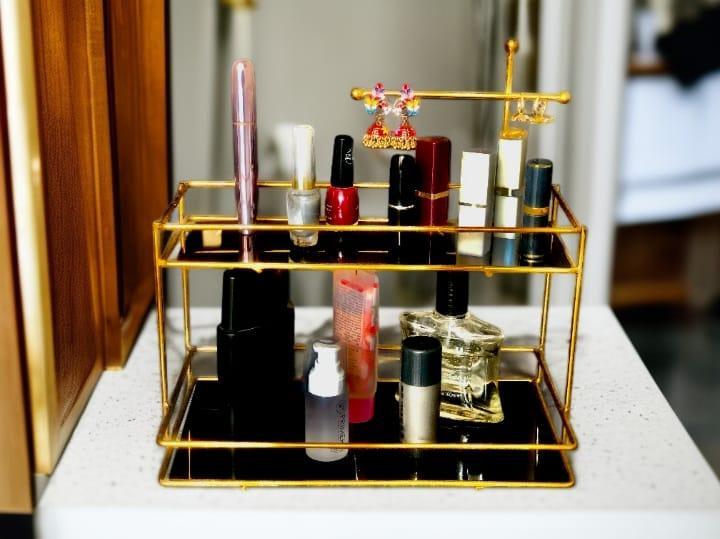 Double Layer Metal Makeup Organizer with Safety Fence Black Base
