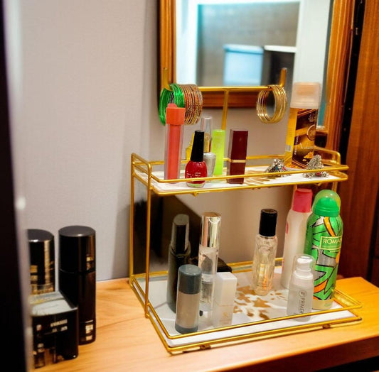 Premium Metal Makeup Organizer Gold Double Layer