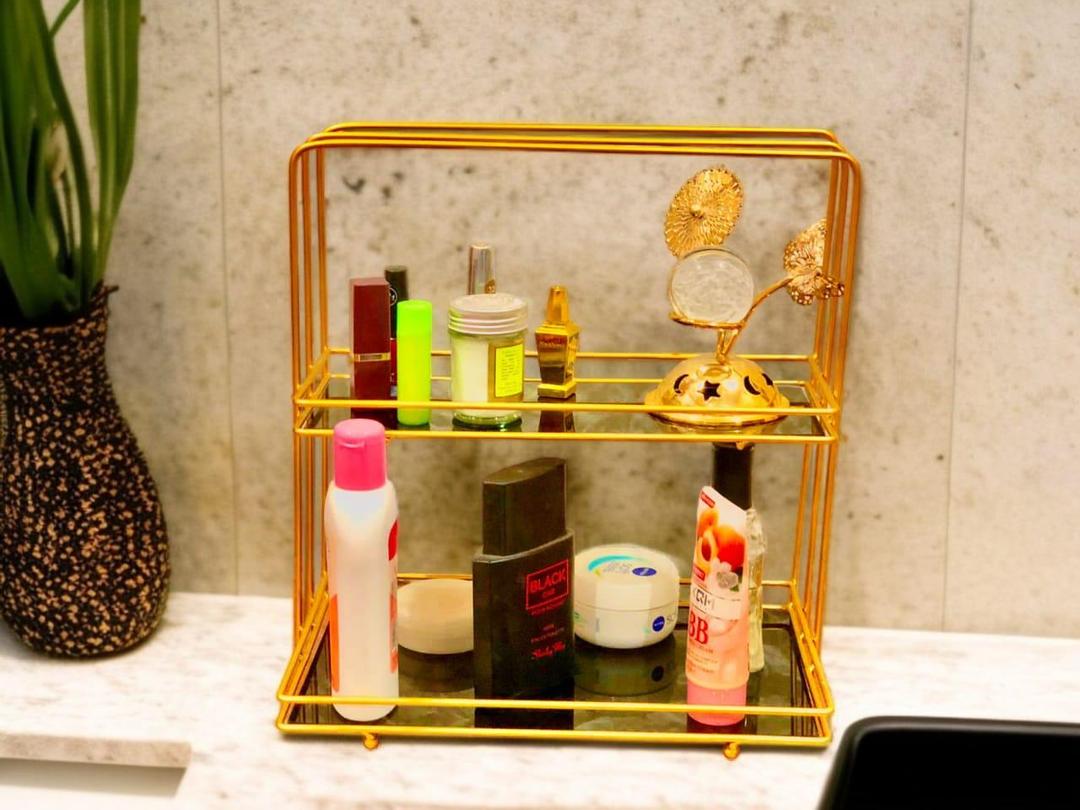 Double Layer Metal Makeup Organizer Rack Gold