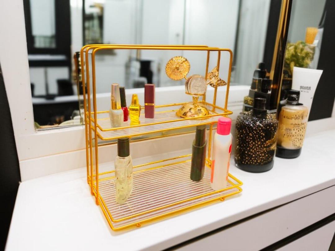 Double Layer Metal Makeup Organizer Rack Gold