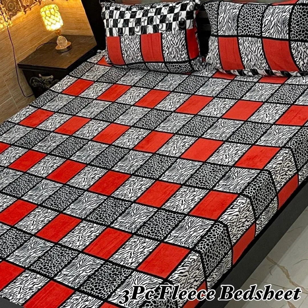 Fleece Printed Double Bedsheet Red Black Grey 3 Pcs