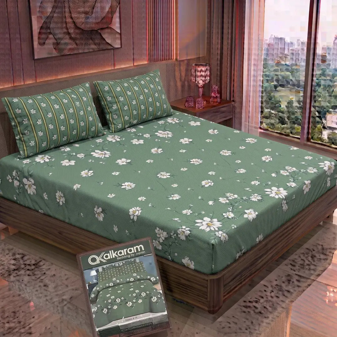 3 Pcs Cotton Salonica Printed Double Bedsheet