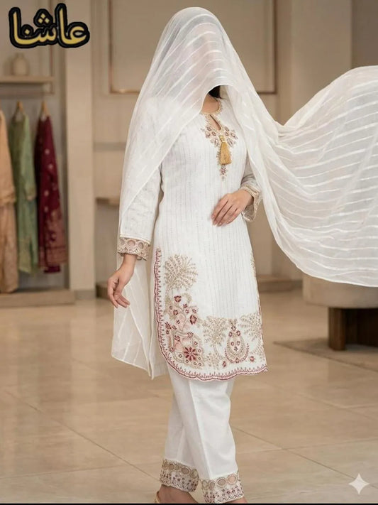 White Embroidered Kurta Set with Lace Detailing