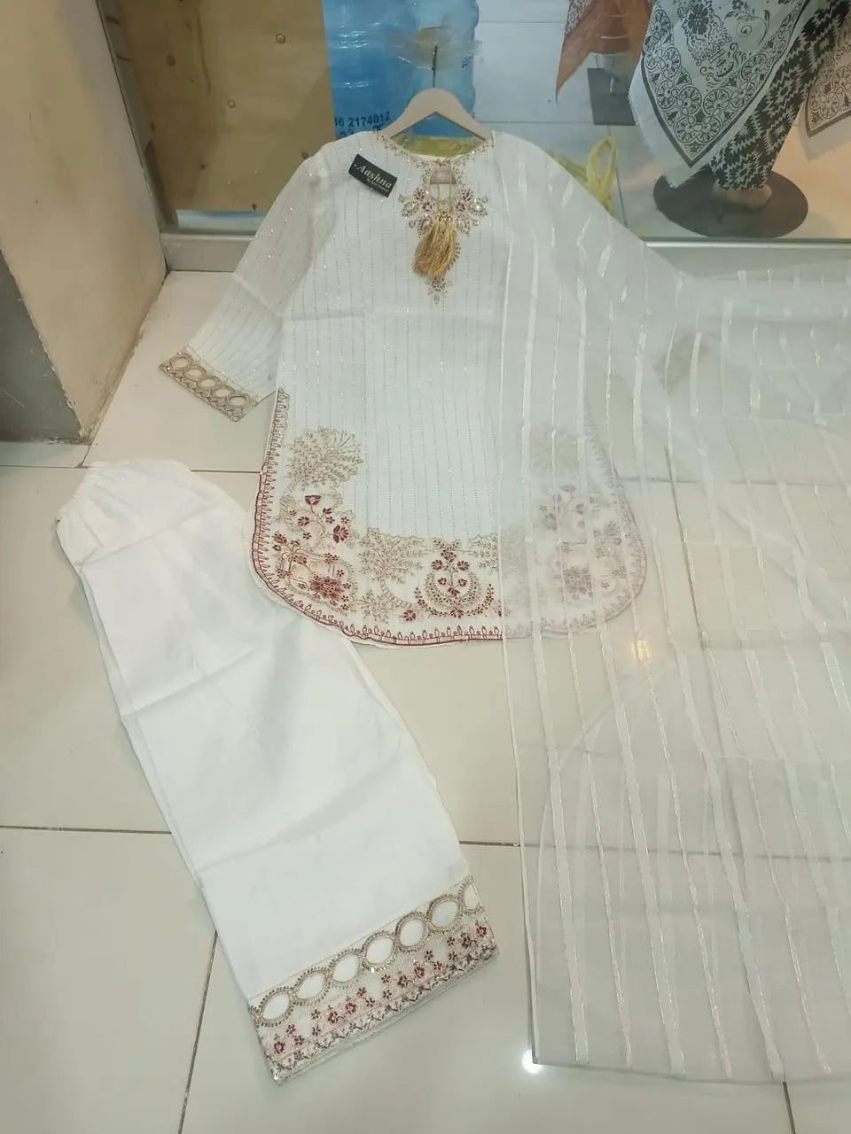 White Embroidered Kurta Set with Lace Detailing