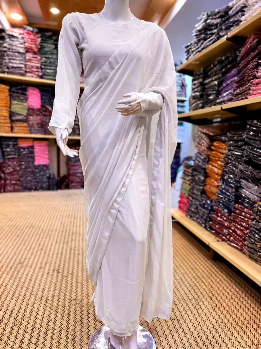 3 Pcs Women’s Chiffon Plain Stitched Saree