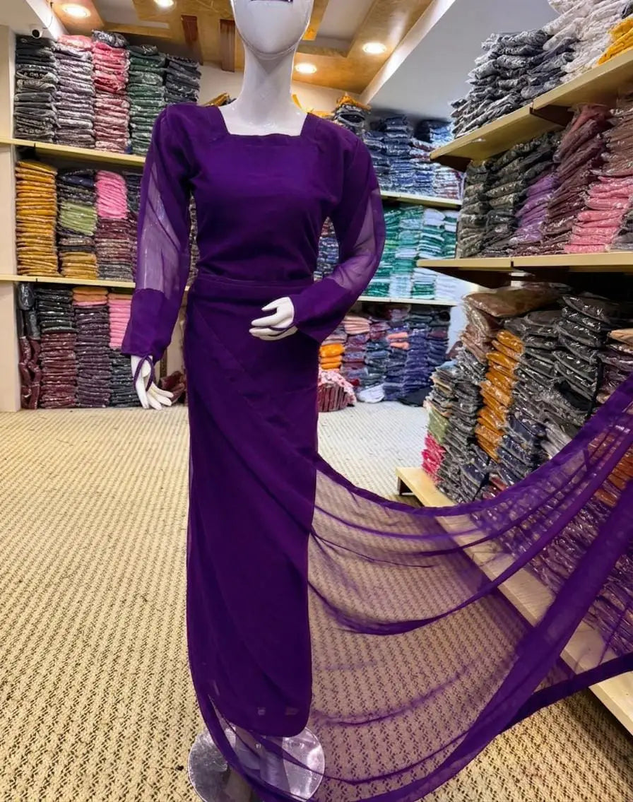 3 Pcs Women’s Chiffon Plain Stitched Saree