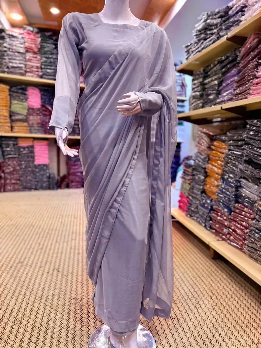 3 Pcs Women’s Chiffon Plain Stitched Saree