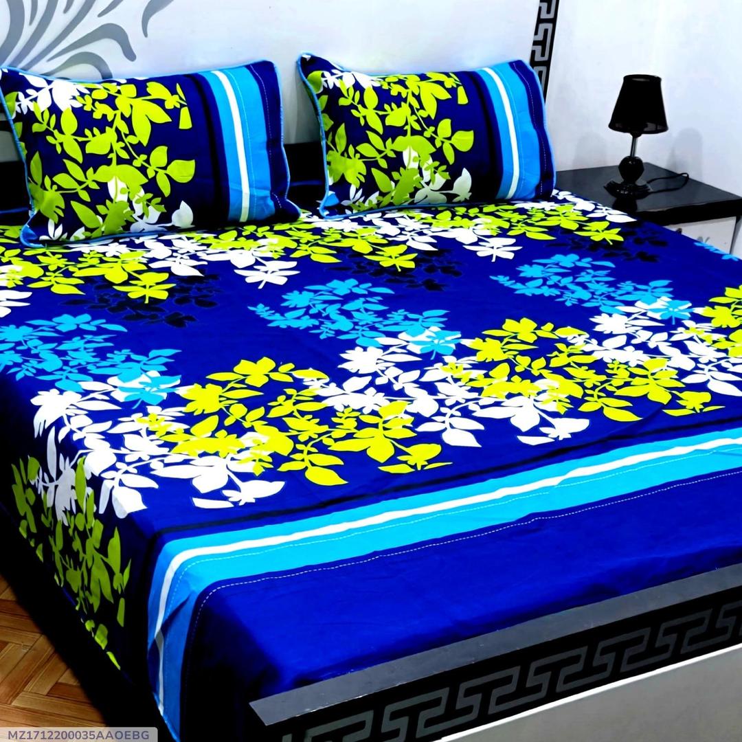 Crystal Cotton Double Bedsheet Set Blue Floral Print