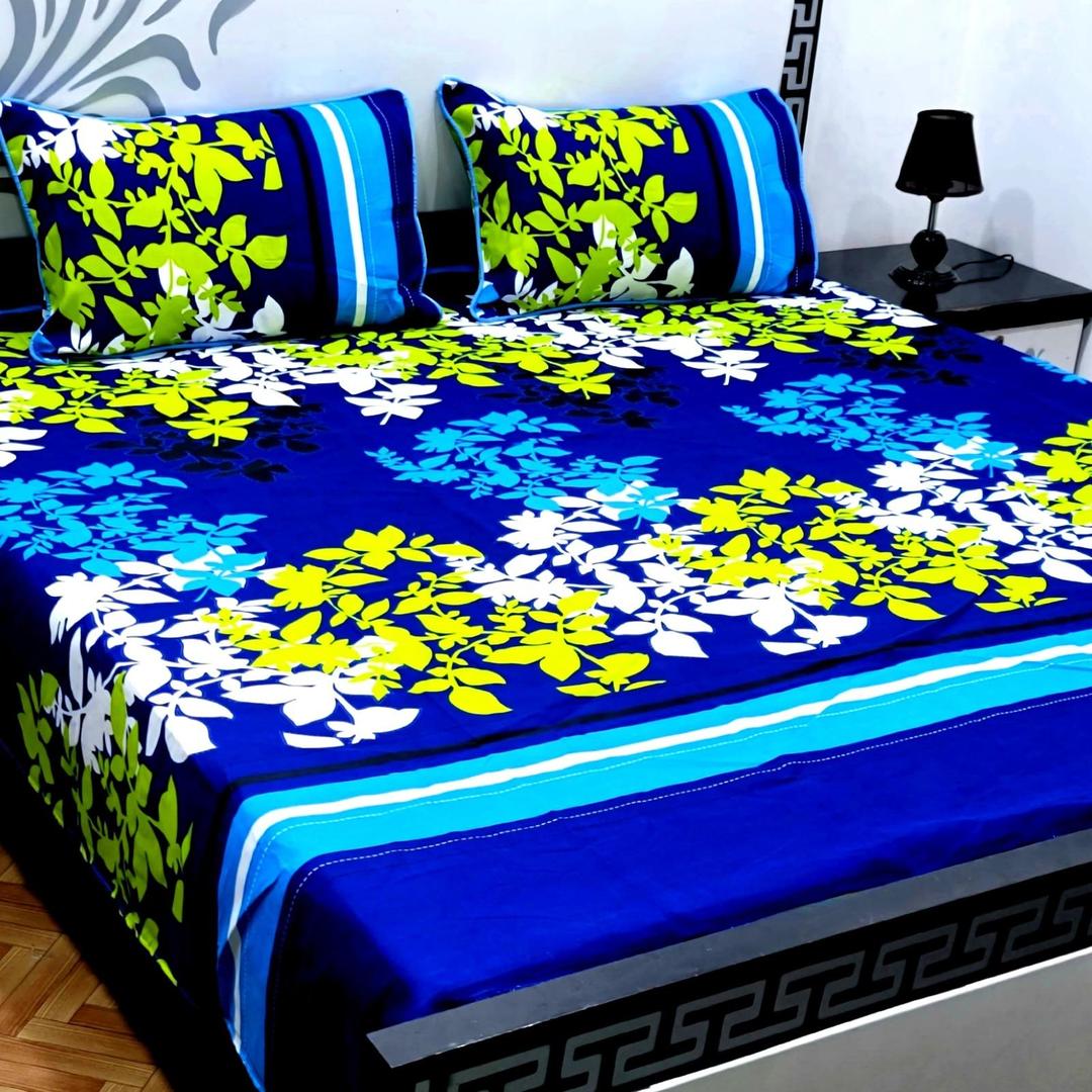 Crystal Cotton Double Bedsheet Set Blue Floral Print