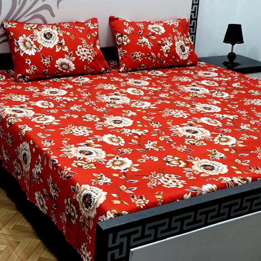 Crystal Cotton Floral Bedsheet Set Red Double Bed