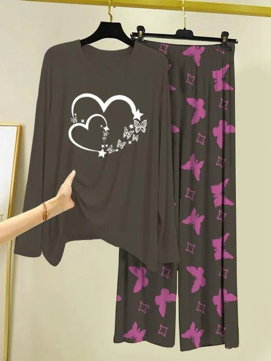 Pakistani Night Suit Grey Heart Butterfly Print Cotton Jersey