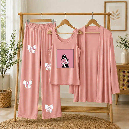 3 Pcs Women's Stitched Jersey Printed Night Suit
