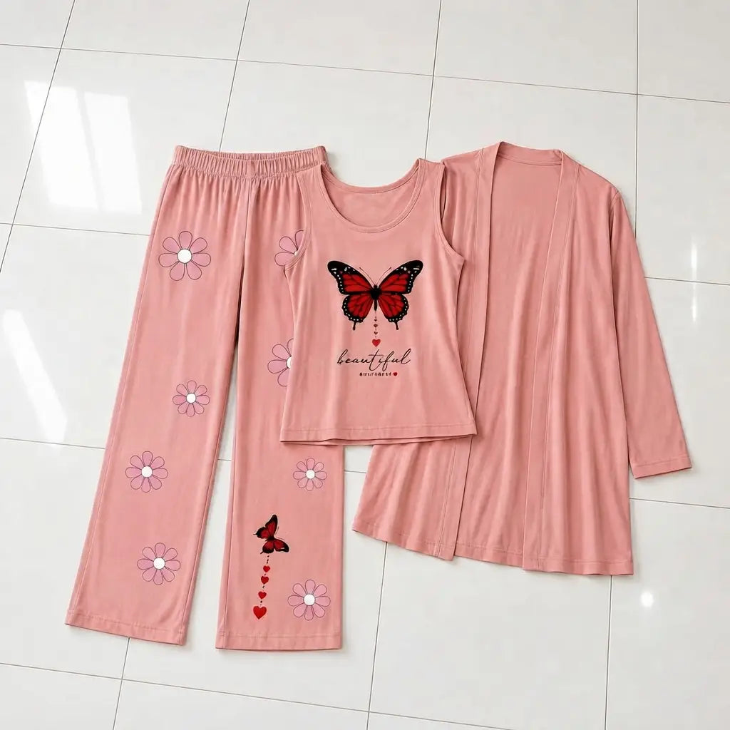 3 Pcs Women's Stitched Jersey Printed Night Suit