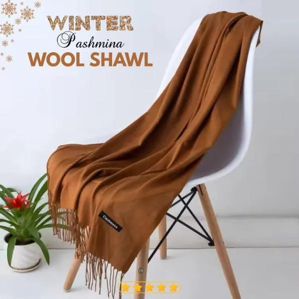 Winter Wool Shawl Brown Cashmere Fringe
