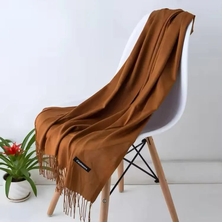 Winter Wool Shawl Brown Cashmere Fringe