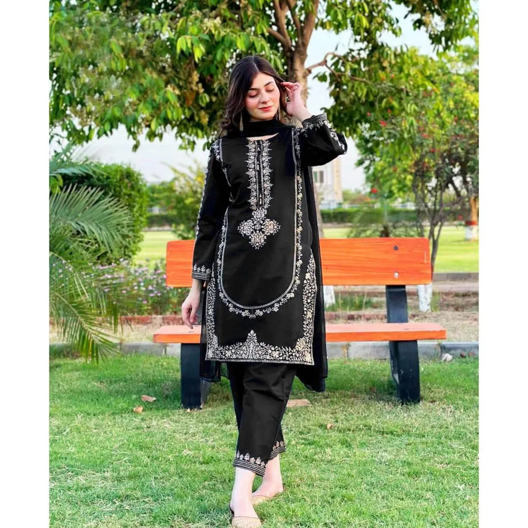 Black Shamoz Silk 3-Piece Eid Wedding Suit with Sequin Embroidery