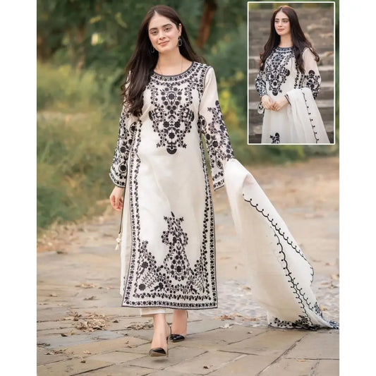 3 Pcs Women's Stitched Organza Embroidered Suit