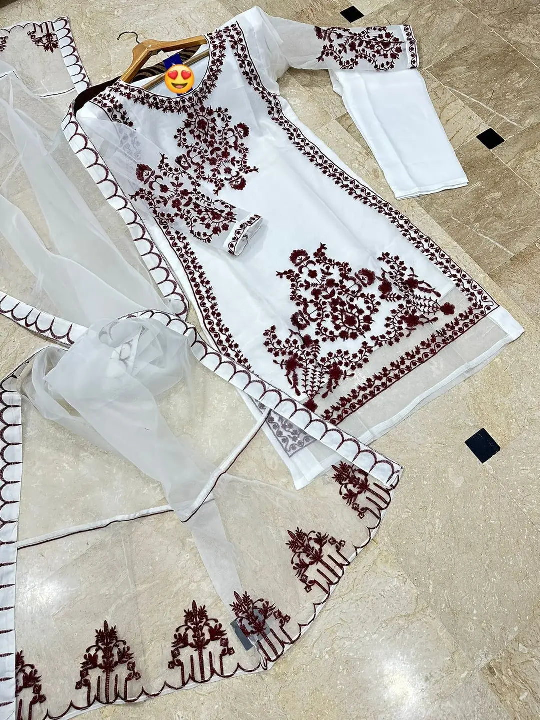 3 Pcs Women's Stitched Organza Embroidered Suit