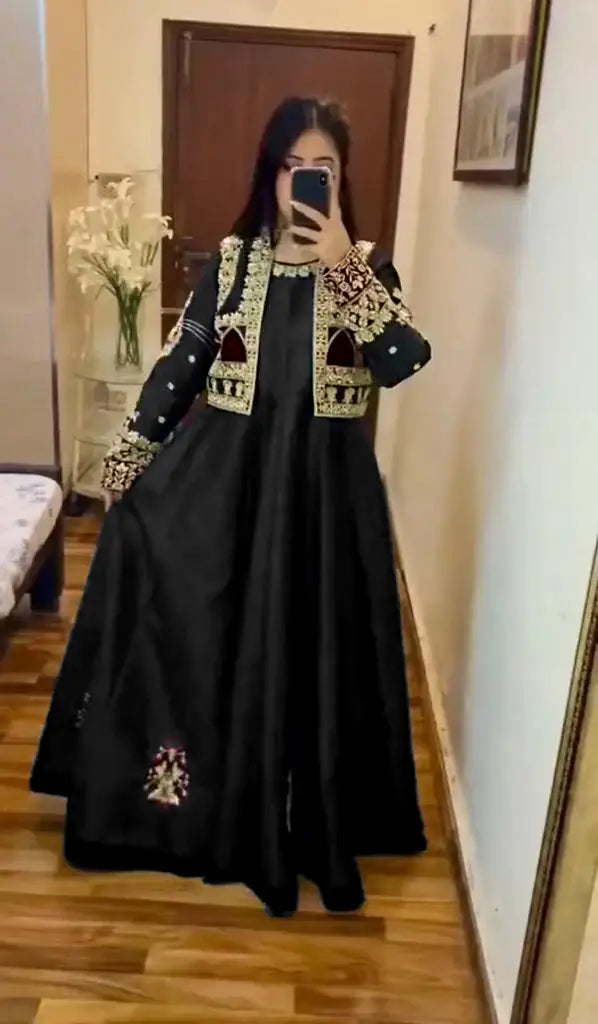 2 Pcs Women's Stitched Shamoz Silk Embroidered Maxi and Jacket