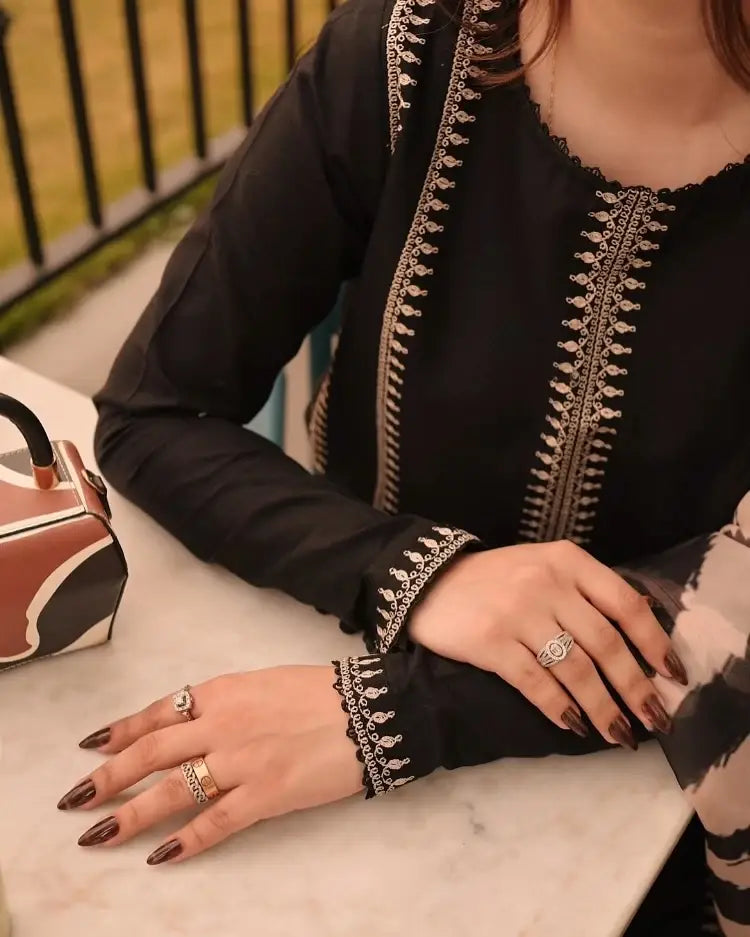 Women's Stitched Black Linen Suit with Embroidered Pattern - 3 Pcs