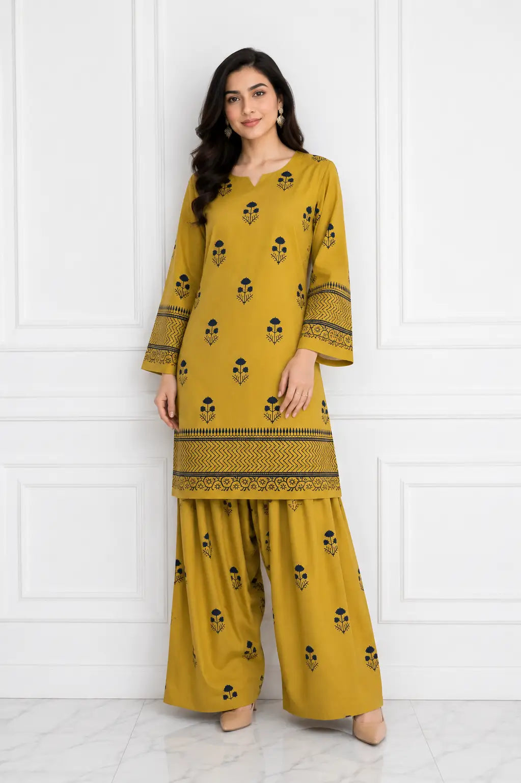 2 Pcs Women's Stitched Cotton Lawn Printed Shirt And Farshi Shalwar