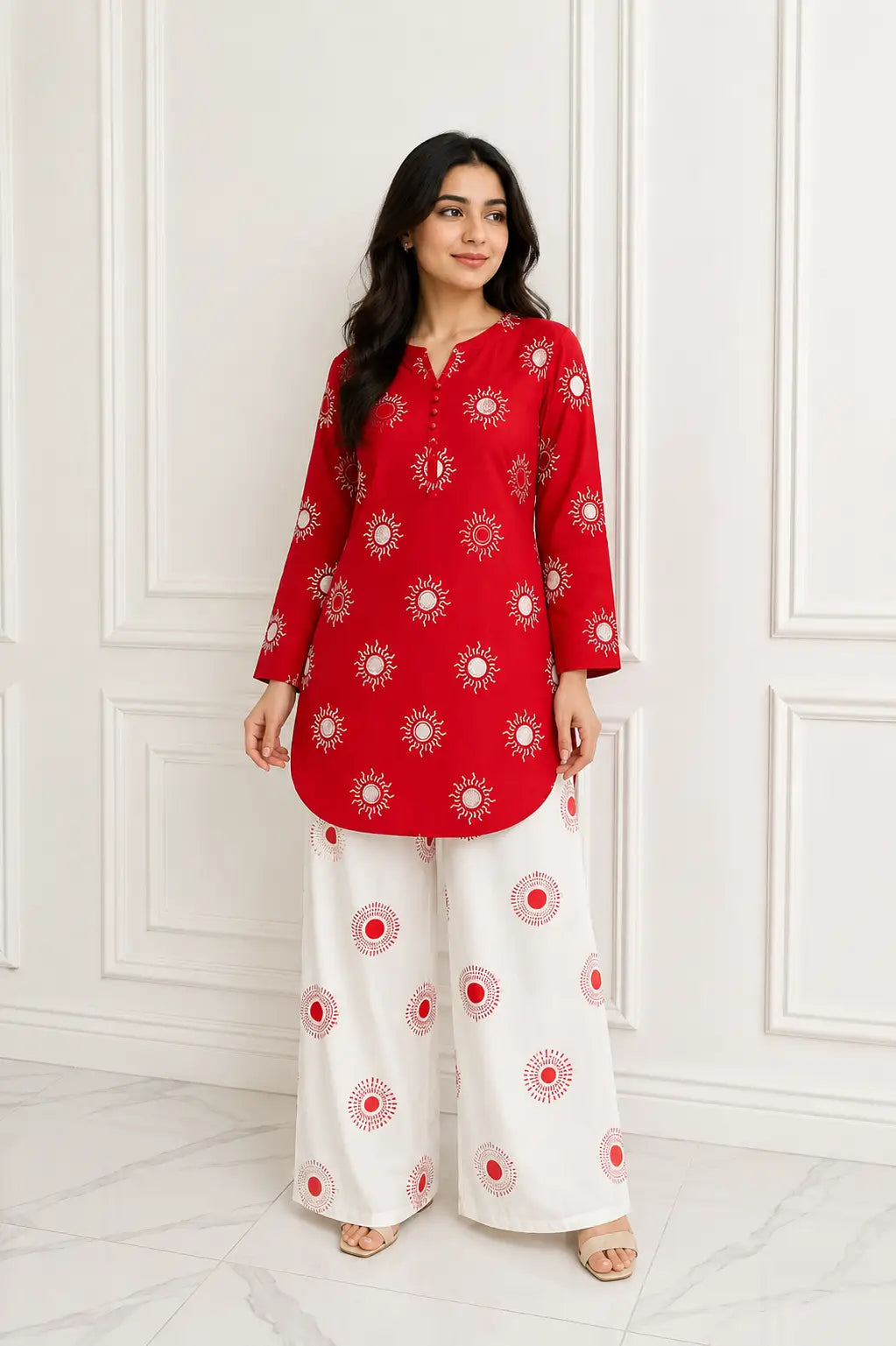 2 Pcs Women's Stitched Cotton Lawn Printed Co-Ord Set Sooraj Print