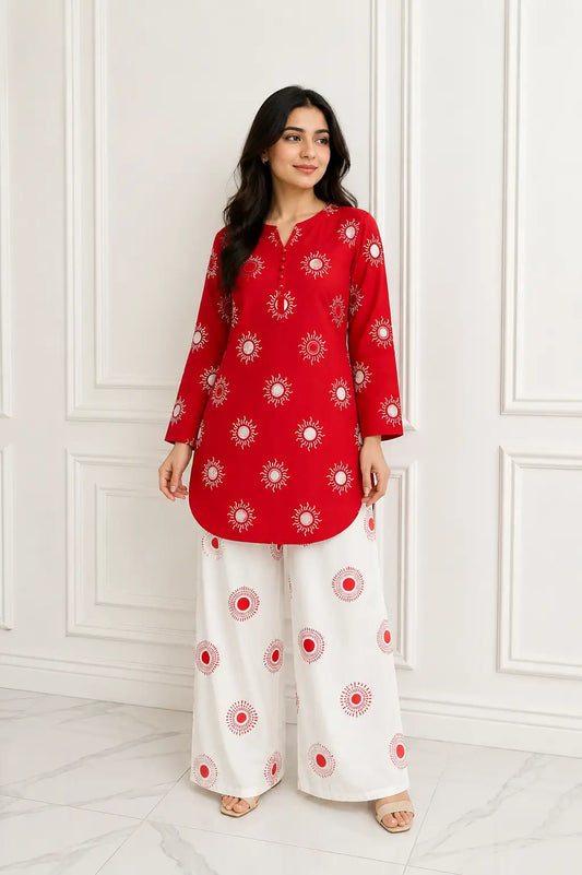 2 Pcs Women's Stitched Cotton Lawn Printed Co-Ord Set Sooraj Print