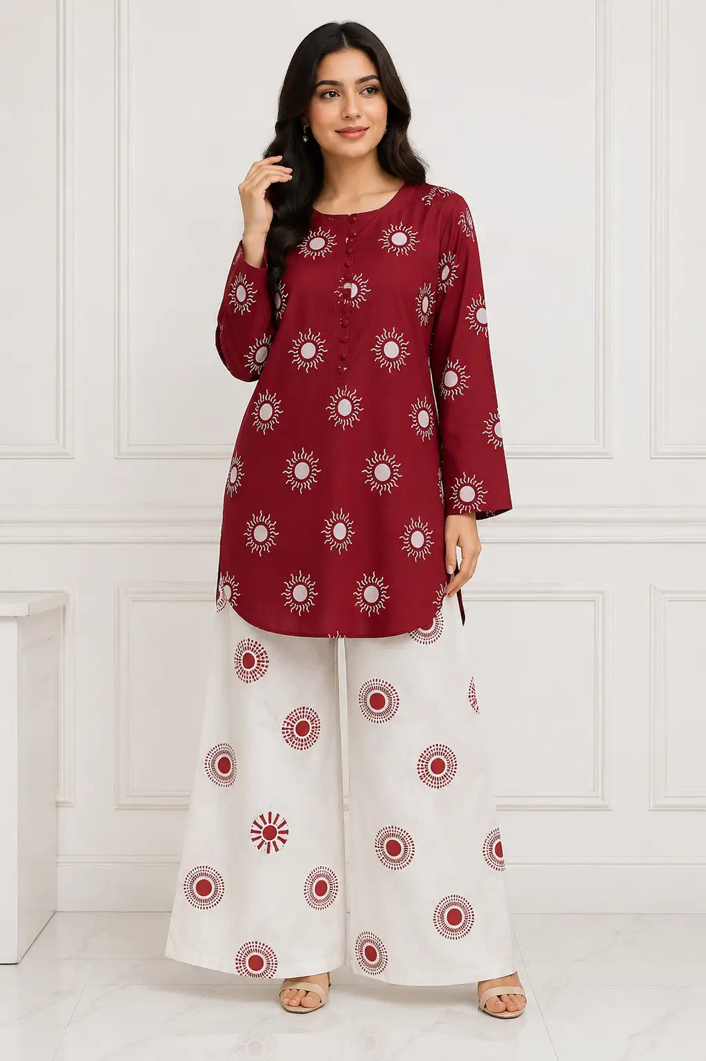 2 Pcs Women's Stitched Cotton Lawn Printed Co-Ord Set Sooraj Print