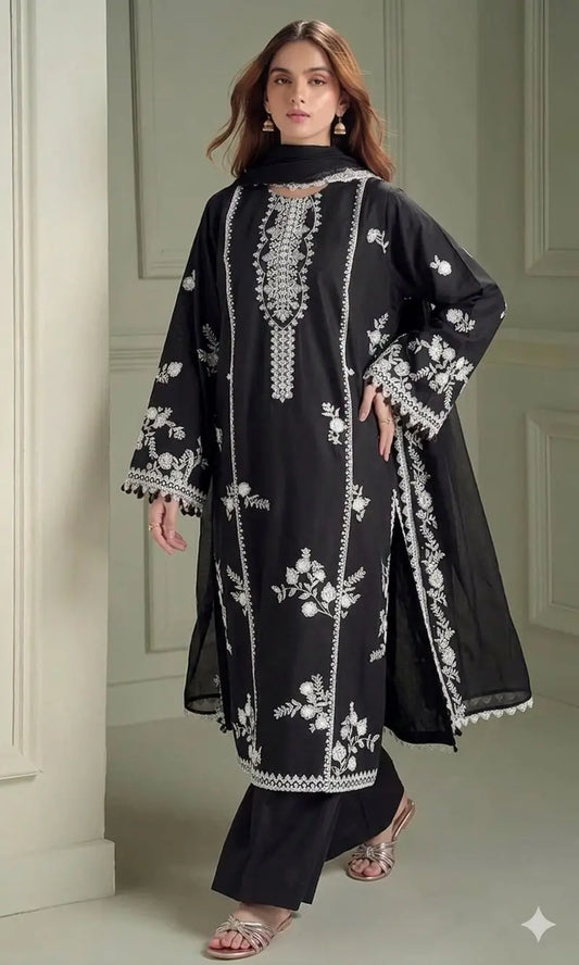 3 Pcs Women's Unstitched Embroidered Suit hit code special black with wool shawl