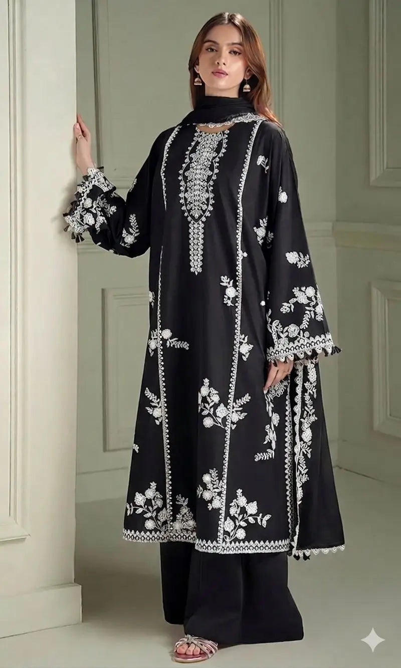 3 Pcs Women's Unstitched Embroidered Suit hit code special black with wool shawl