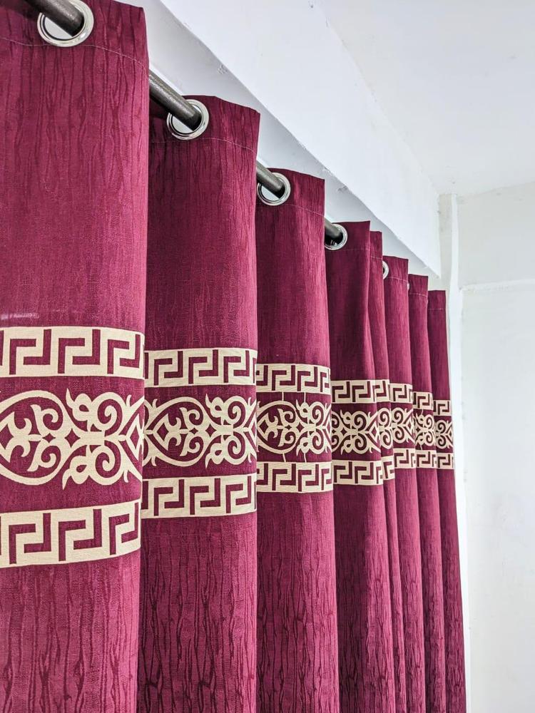 Burgundy Jacquard Curtain with Greek Key & Floral Motif