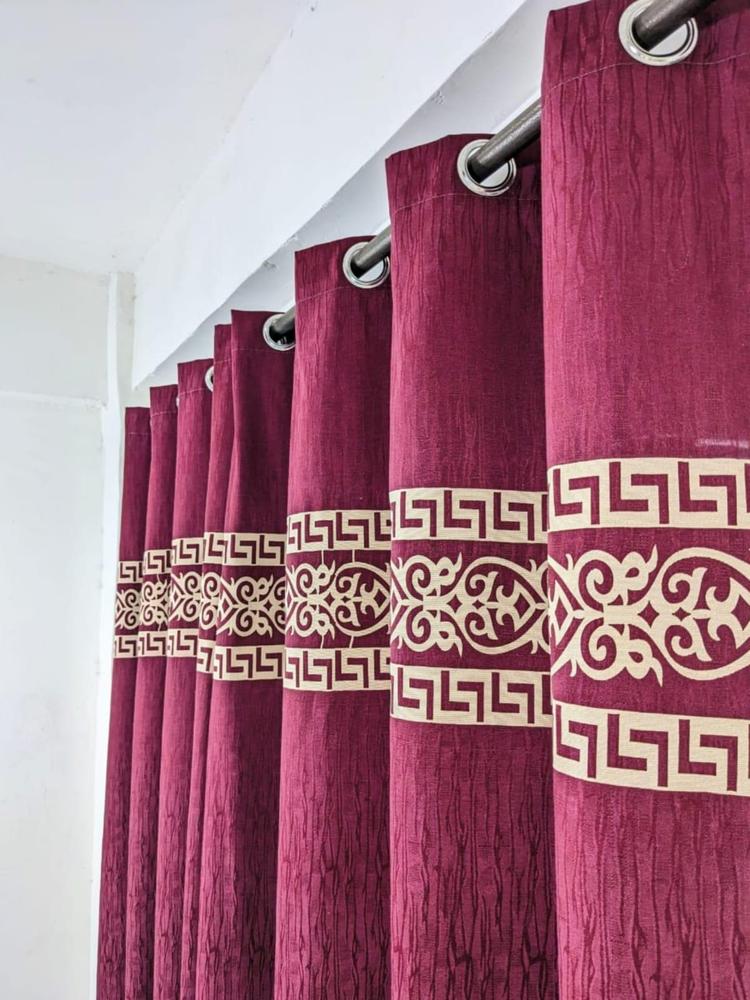 Burgundy Jacquard Curtain with Greek Key & Floral Motif