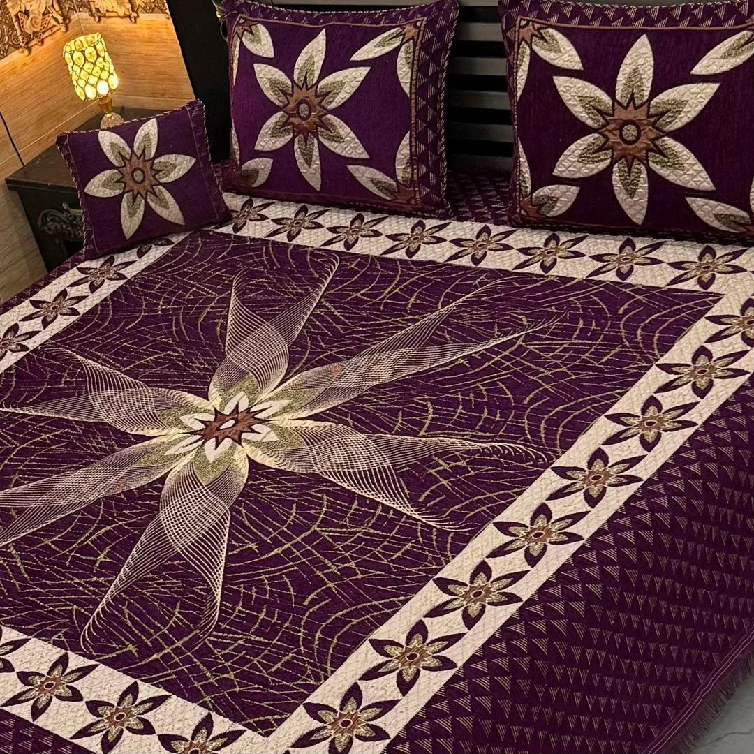 Purple Velvet Jacquard 4Pc Bedsheet Set Double Bed