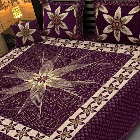 Purple Velvet Jacquard 4Pc Bedsheet Set Double Bed