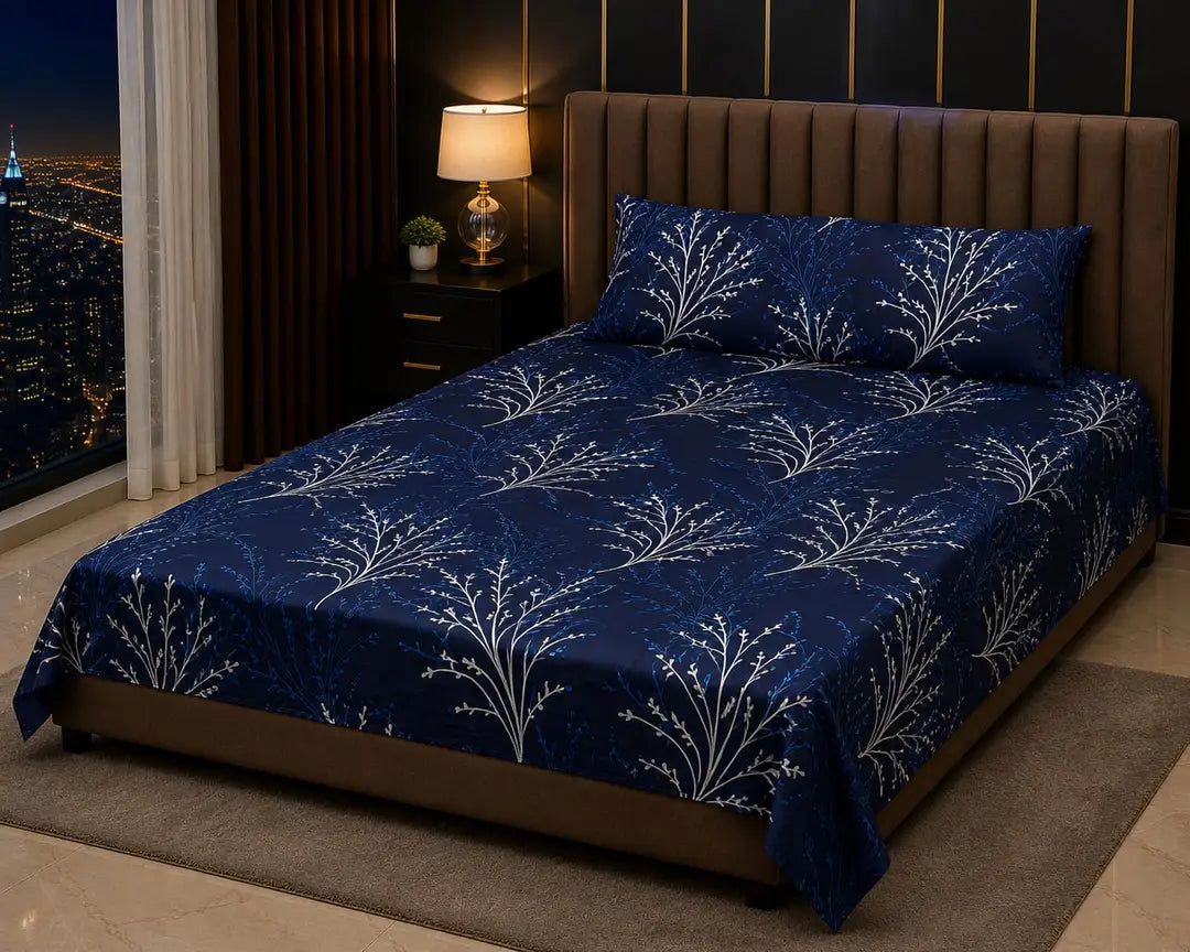Stylish 3 Pcs Cotton Salonica Printed Double Bedsheet