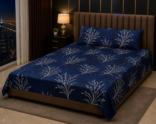 Stylish 3 Pcs Cotton Salonica Printed Double Bedsheet