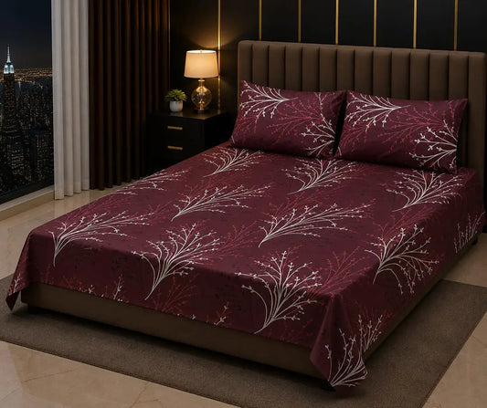 Stylish 3 Pcs Cotton Salonica Printed Double Bedsheet