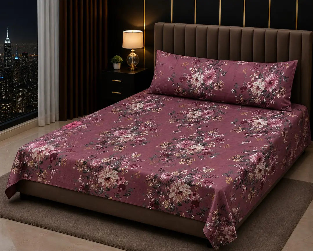 Stylish 3 Pcs Cotton Salonica Printed Double Bedsheet