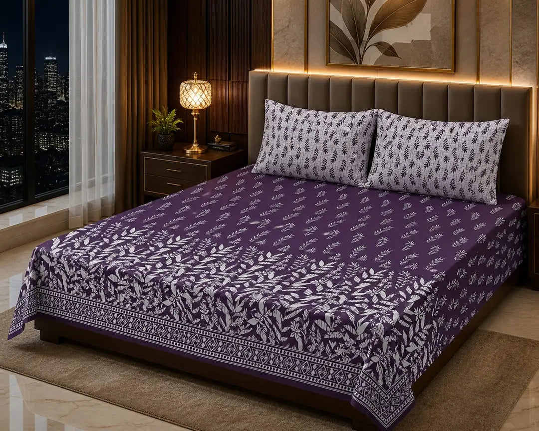 Stylish 3 Pcs Cotton Salonica Printed Double Bedsheet