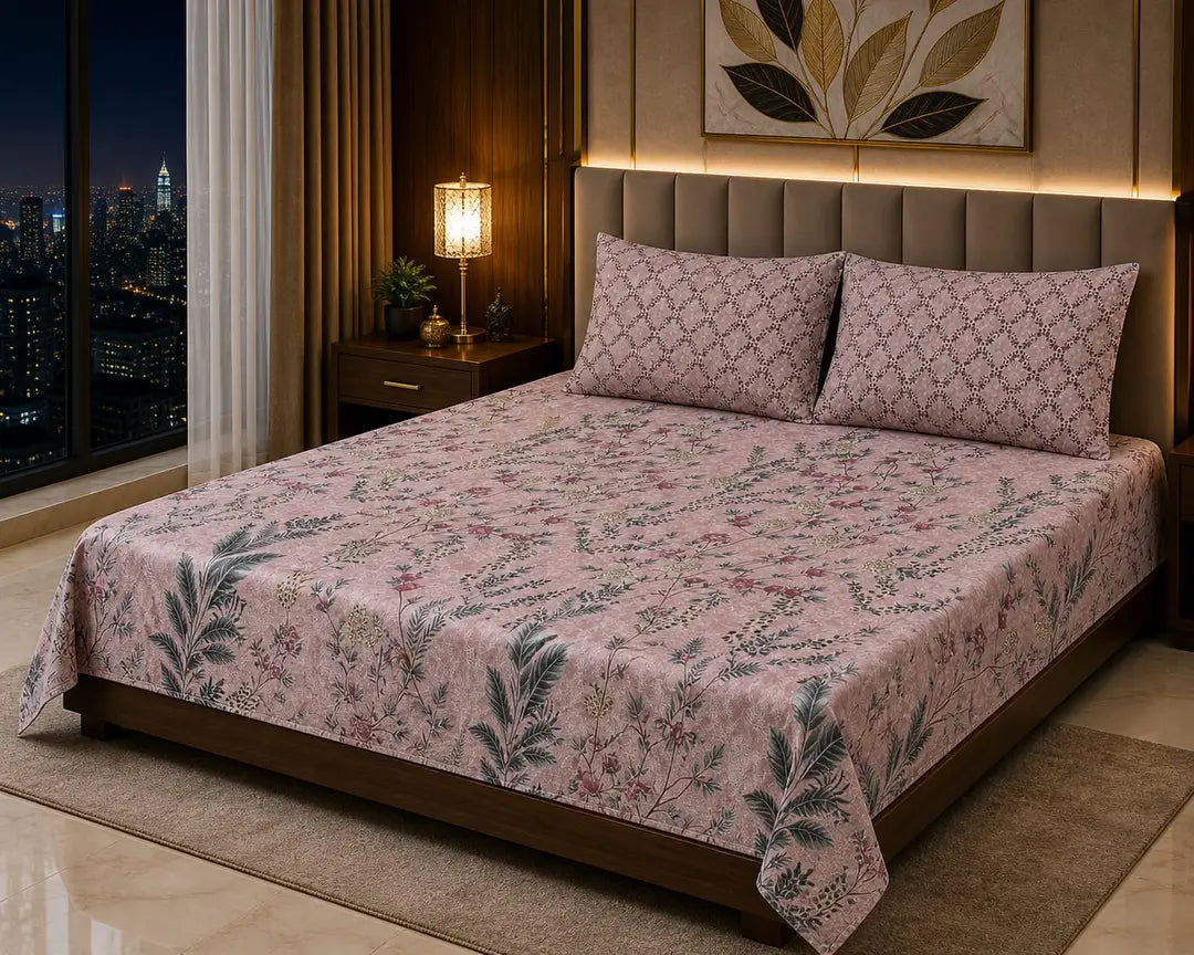 Stylish 3 Pcs Cotton Salonica Printed Double Bedsheet