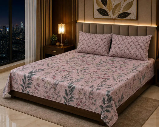 Stylish 3 Pcs Cotton Salonica Printed Double Bedsheet